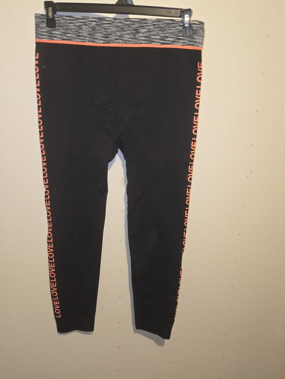 Womans Black Leggings with Coral Side 'LOVE' Stripe
